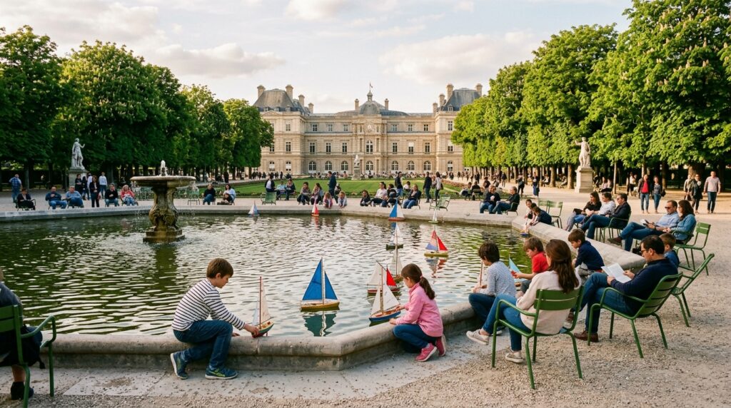 Families at the Luxembourg Gardens fountain in Paris