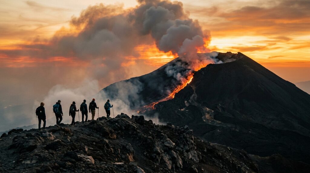 Hikers_viewing_active_volcano_lava