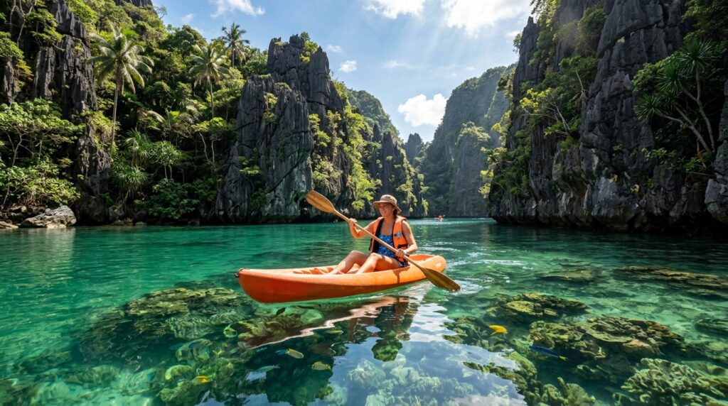 Kayaking through the Big Lagoon in El Nido, Palawan, Philippines