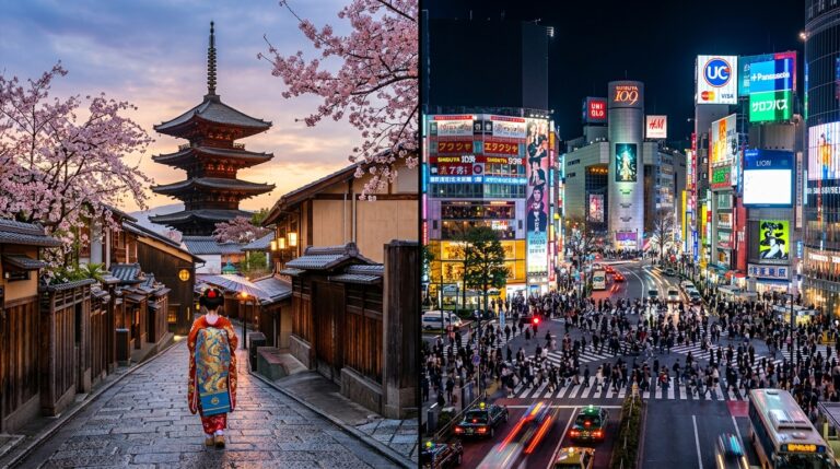 Kyoto scene with a vermilion five-story pagoda among cherry blossoms, a geisha in a colorful kimono