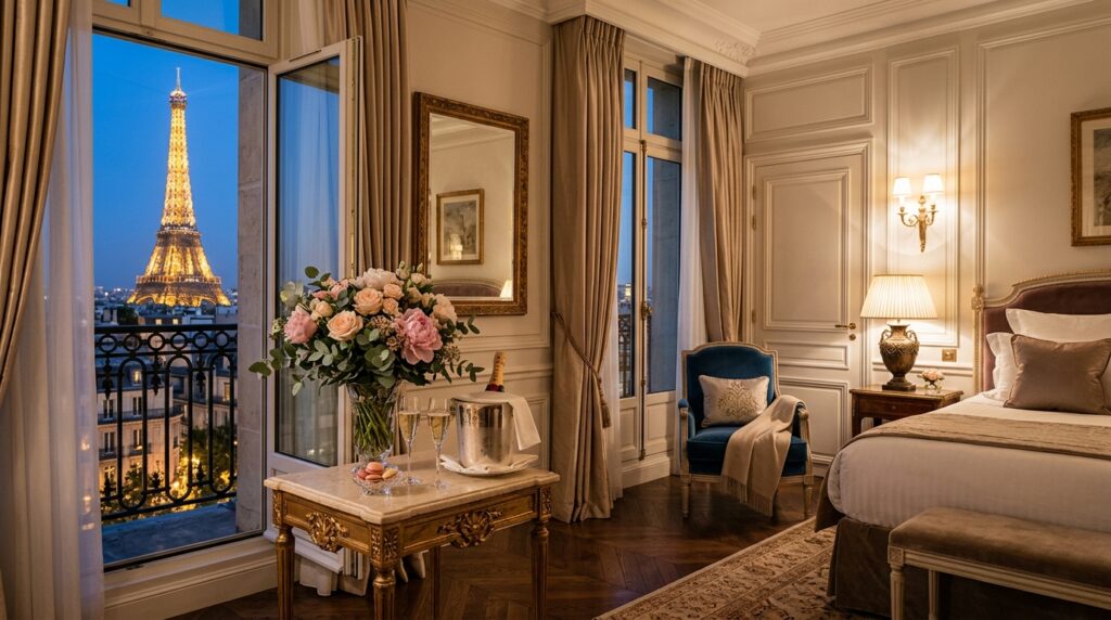 Luxury Paris hotel suite with Eiffel Tower view