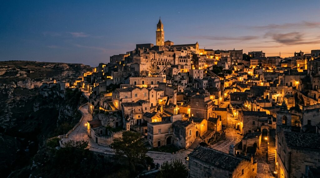 Matera_cave_dwellings_at_dusk