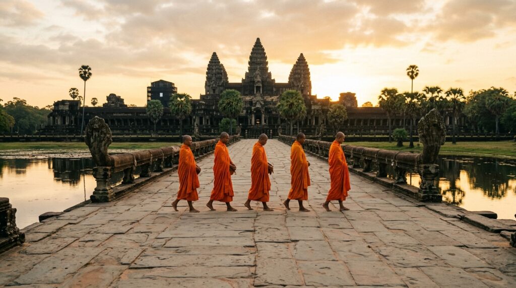 Monks_walking_along_stone_causeway
