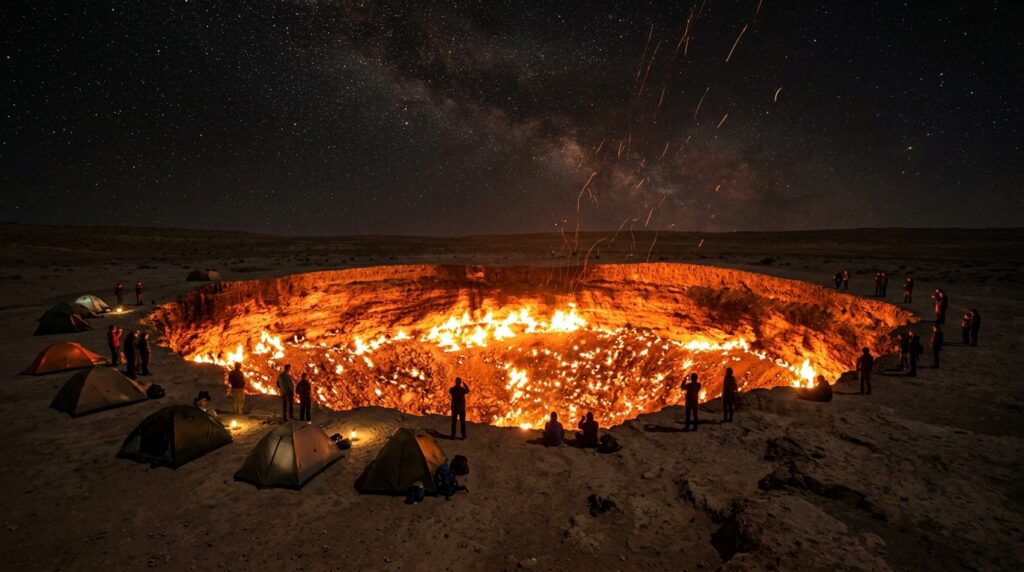 Night photograph of the Darvaza gas crater
