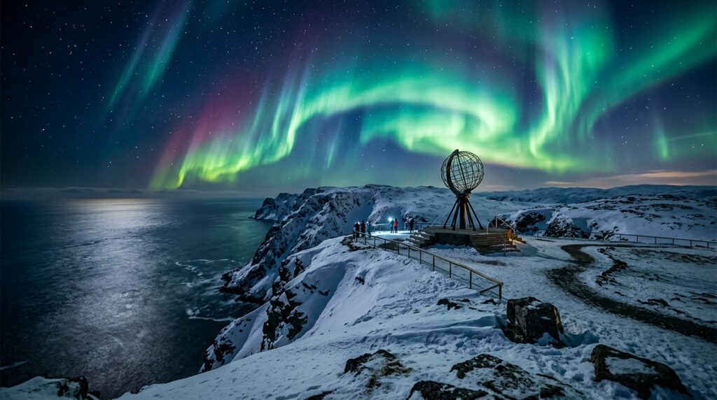 Northern lights at the North Cape cliff and globe monument, Norway