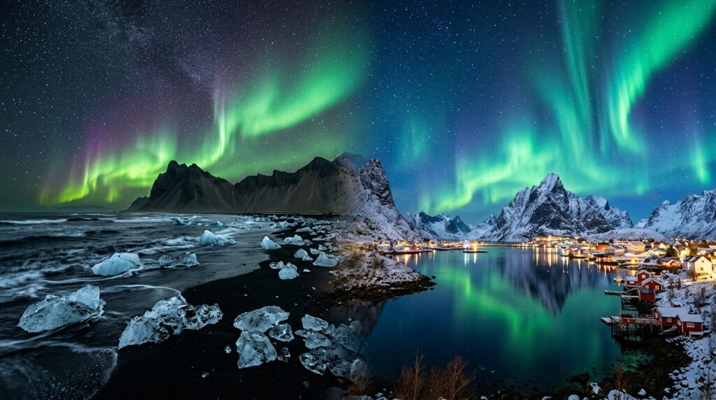Northern lights comparison Iceland black sand beach and Norway fjord village under the aurora