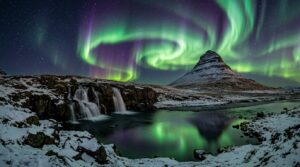Northern lights over Kirkjufell mountain, Iceland