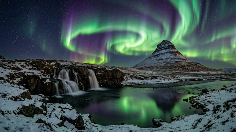 Northern lights over Kirkjufell mountain, Iceland