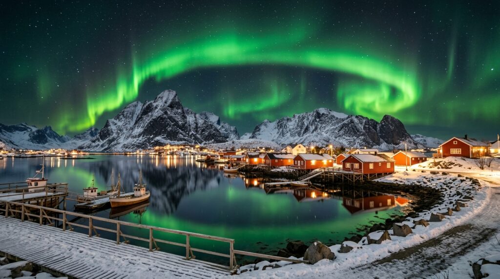 Northern lights over red fishing cabins in Lofoten, Norway