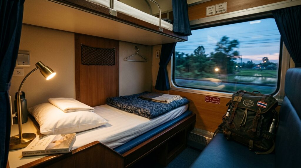 Overnight sleeper train berth on the Bangkok to Chiang Mai route.