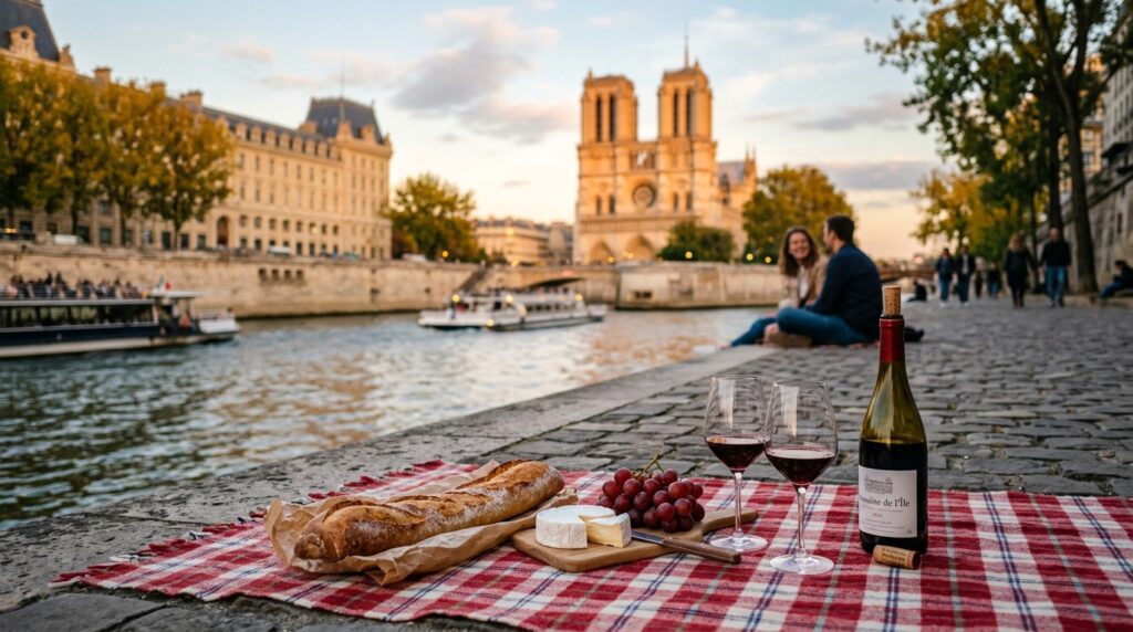 Picnic with baguette and cheese by the Seine river in Paris