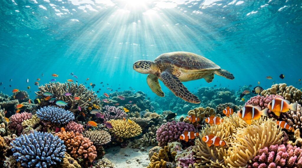 Snorkelling with a sea turtle on the Great Barrier Reef, Queensland