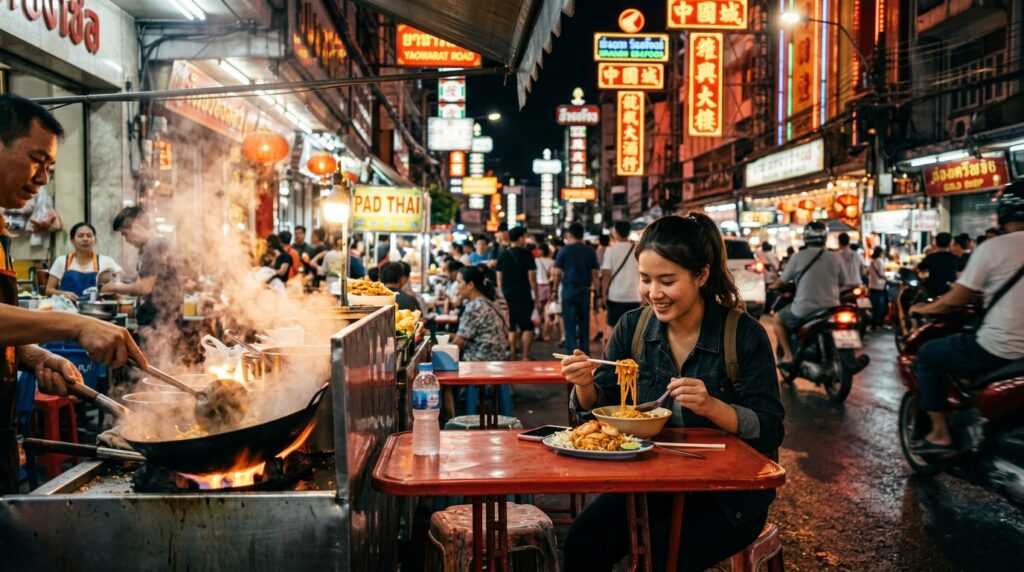 Solo traveler eating street food under neon lights in Bangkok's Chinatown.