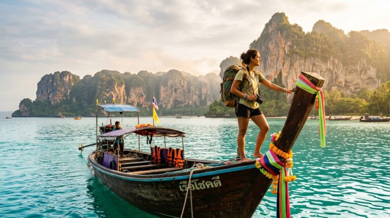 Solo traveler on a longtail boat surrounded by limestone cliffs in Krabi, Thailand