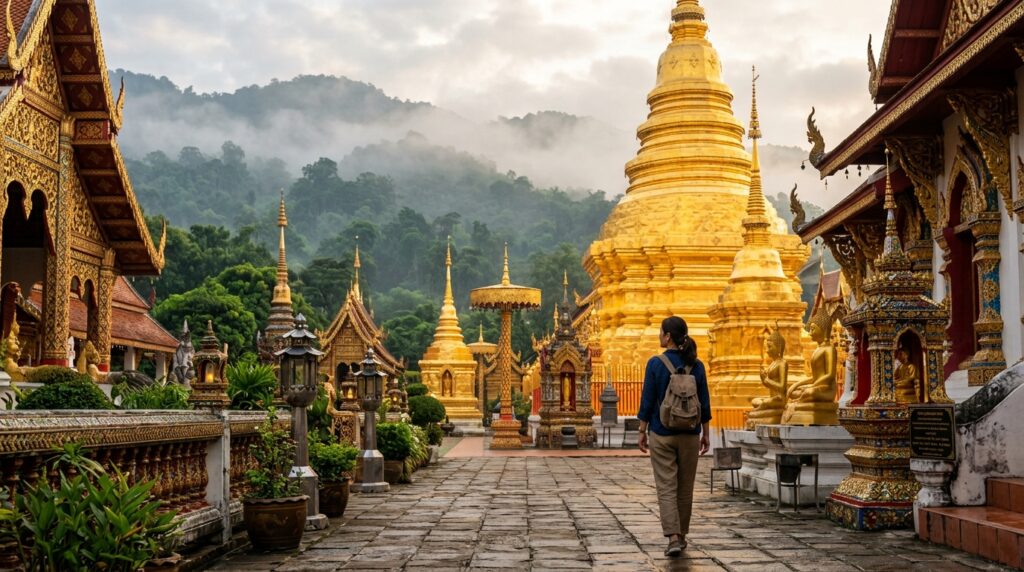 Solo traveler visiting Doi Suthep temple in Chiang Mai, Thailand.
