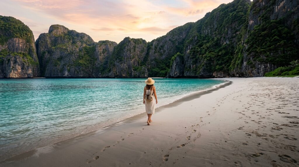 Solo traveler walking an empty beach on Koh Phi Phi at sunrise.