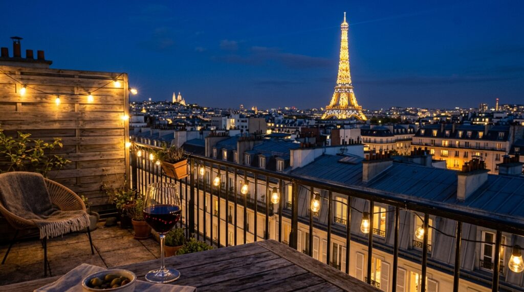 Sparkling Eiffel Tower over Paris rooftops at night