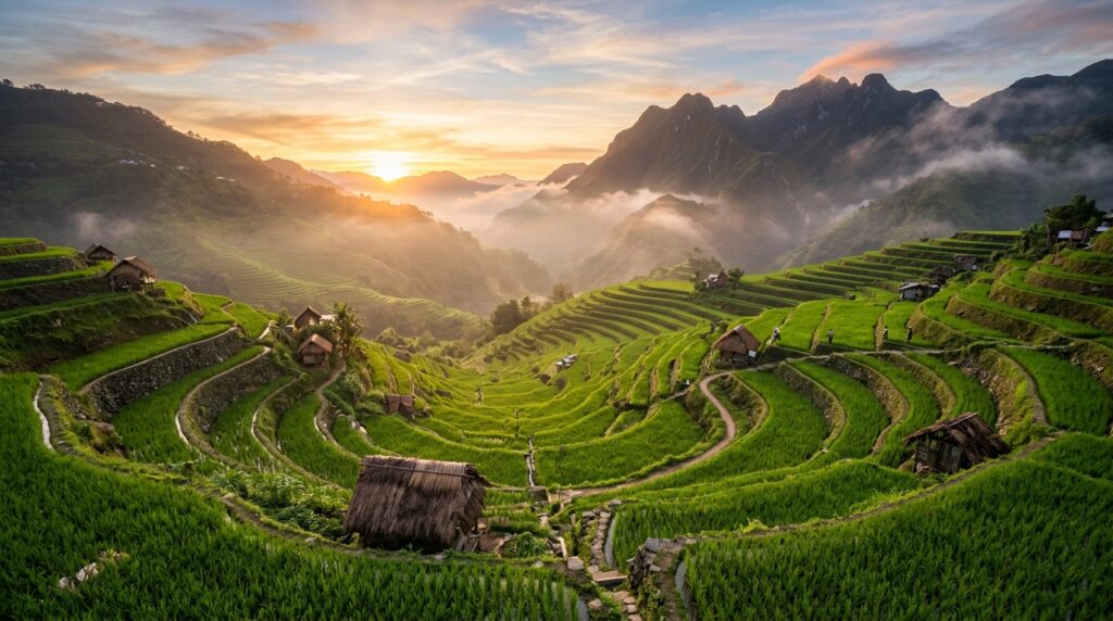 Sunrise over the ancient Banaue Rice Terraces in Luzon, Philippines
