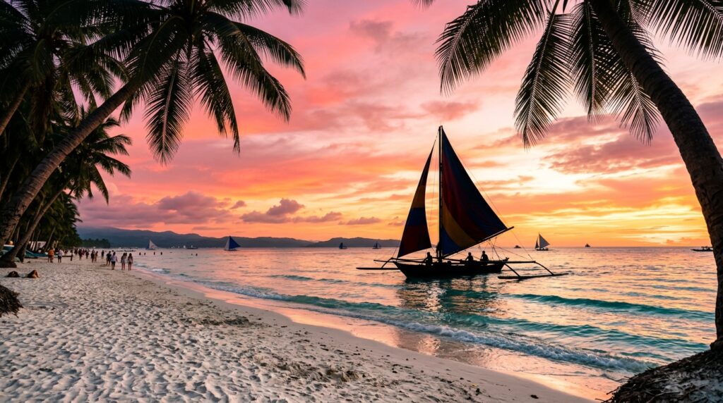 Sunset and paraw sailboat at White Beach, Boracay, Philippines.
