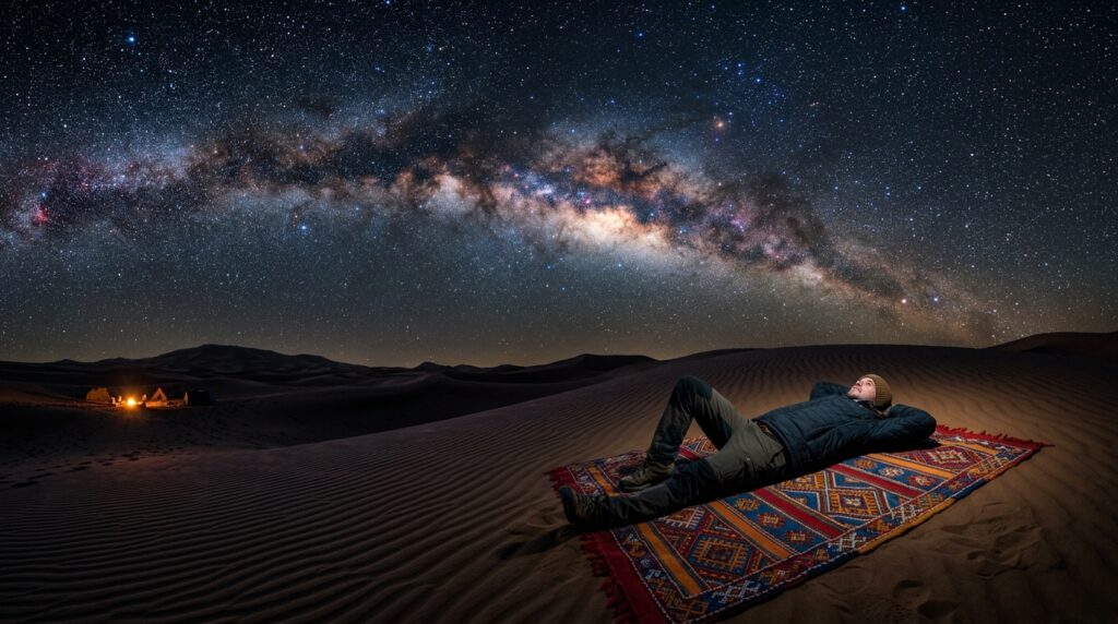 The Milky Way galaxy arching over rippled Sahara sand dunes at night