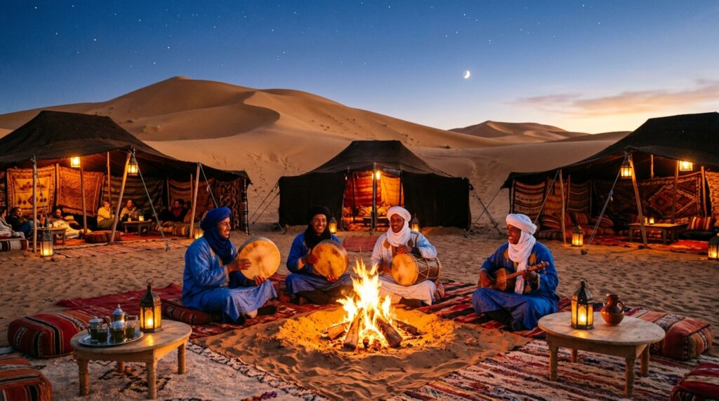 Traditional Berber desert camp at dusk in Morocco
