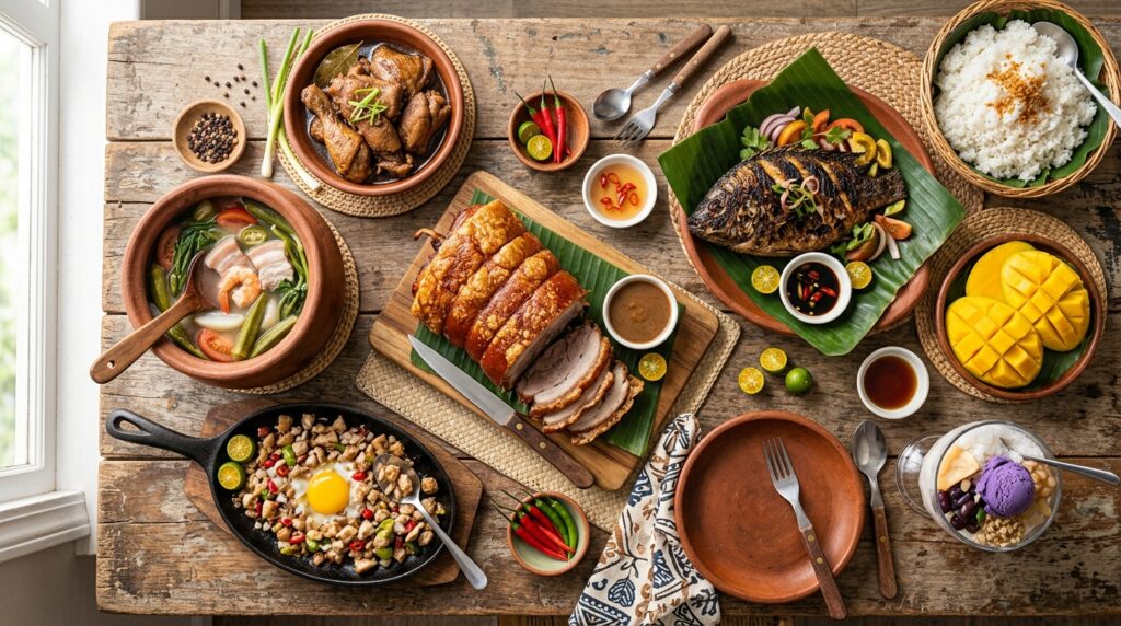 Traditional Filipino dishes lechon, adobo, sinigang, sisig and halo-halo.