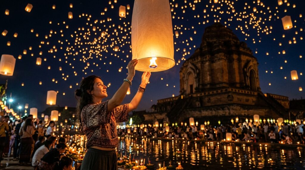 Traveler releasing a lantern at the Loy Krathong festival in Chiang Mai.