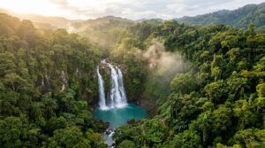 Turquoise waterfall in the Costa Rican rainforest, one of the best waterfalls in Costa Rica.