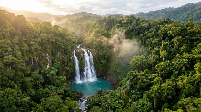 Turquoise waterfall in the Costa Rican rainforest, one of the best waterfalls in Costa Rica.
