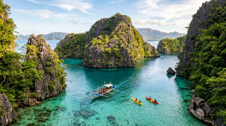 Turquoise lagoon and limestone cliffs in Palawan, Philippines – the ultimate island hopping destination