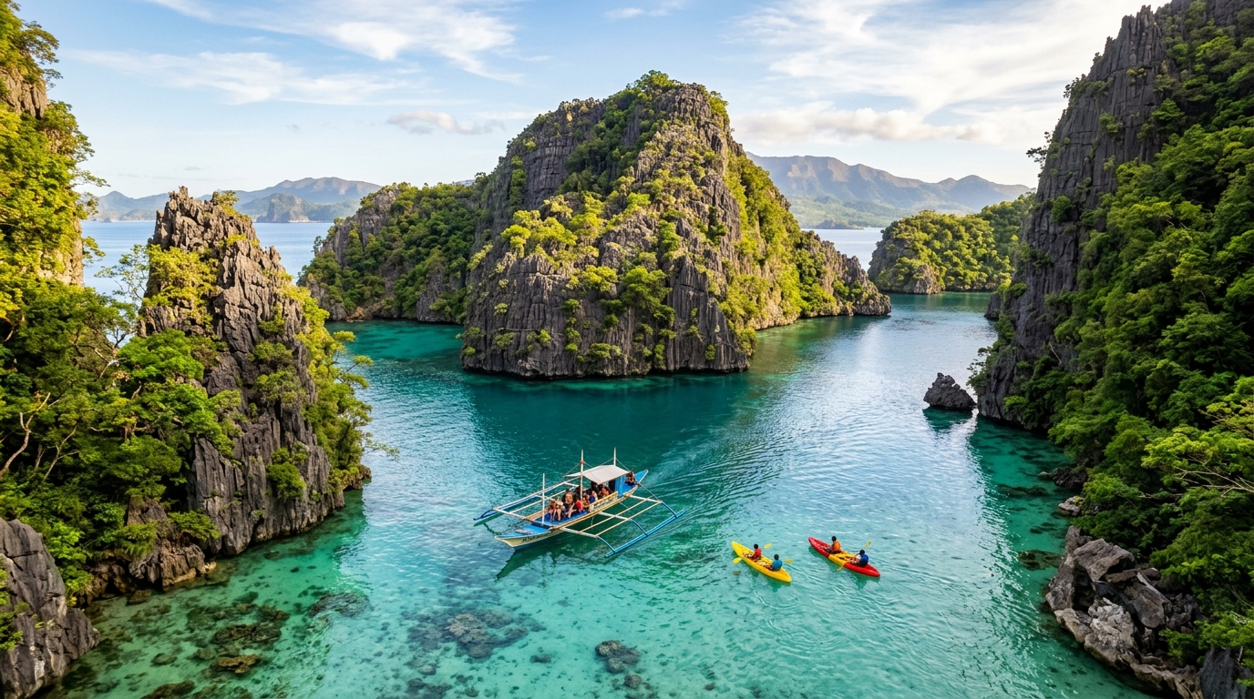 Turquoise lagoon and limestone cliffs in Palawan, Philippines – the ultimate island hopping destination