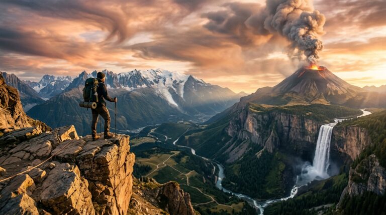 a lone adventurer with a backpack standing on a rocky cliff edge at golden hour