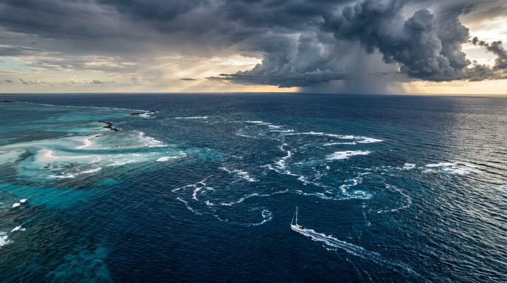 deep sapphire Atlantic ocean with swirling white currents