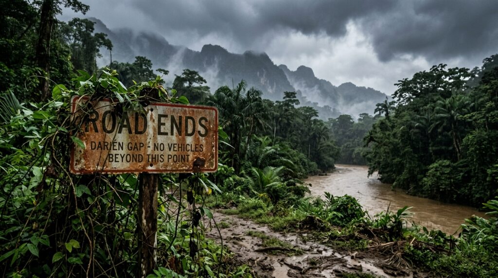 wall of rainforest and misty mountains where a muddy river disappears