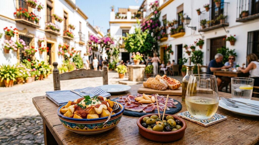 A beautifully set outdoor tapas table in a sunny Spanish plaza
