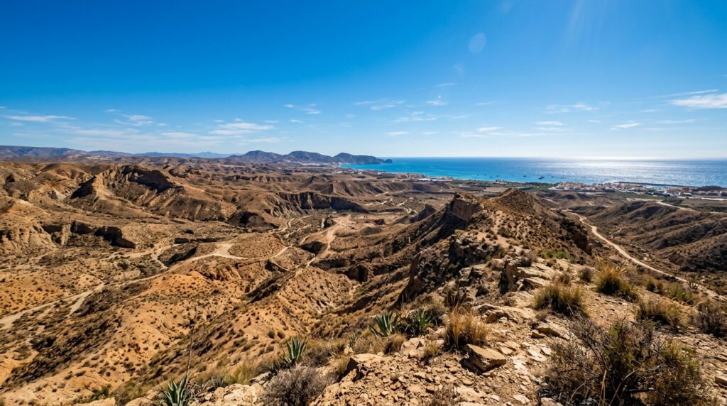 A dramatic landscape shot of the Tabernas Desert in Almería