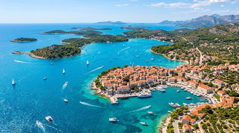 Aerial view of Dalmatian coast Croatia showing turquoise waters, islands, and coastal towns with sailing boats