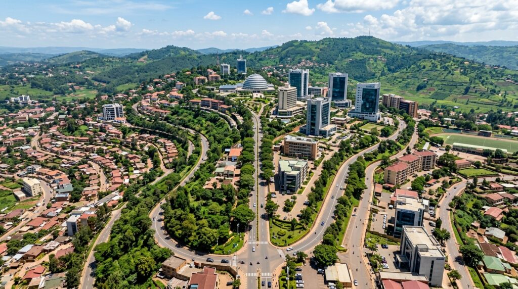 Aerial view of Kigali Rwanda capital city showing modern buildings nestled