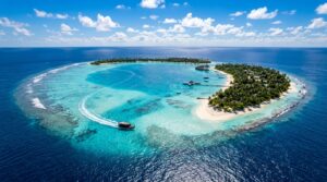 Aerial view of a turquoise atoll and dhoni boat in the Maldives