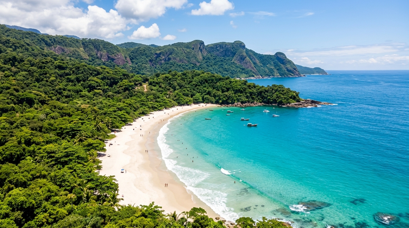 Aerial view of pristine Brazilian beach with turquoise waters and dramatic cliffs