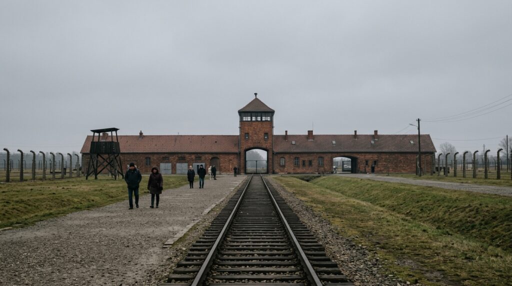 Auschwitz-Birkenau memorial entrance and railway tracks