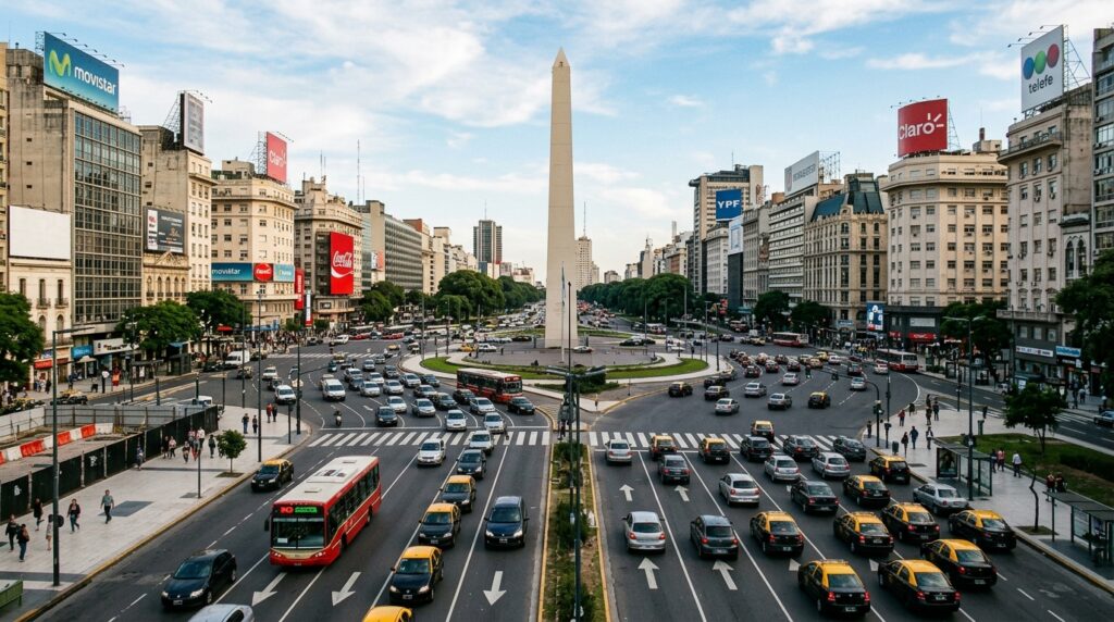 Avenida 9 de Julio, the world's widest avenue, featuring the iconic Obelisco monument