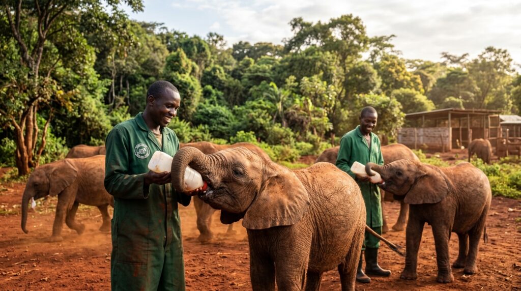 Baby elephants being bottle-fed by keepers in red dust at an elephant orphanage