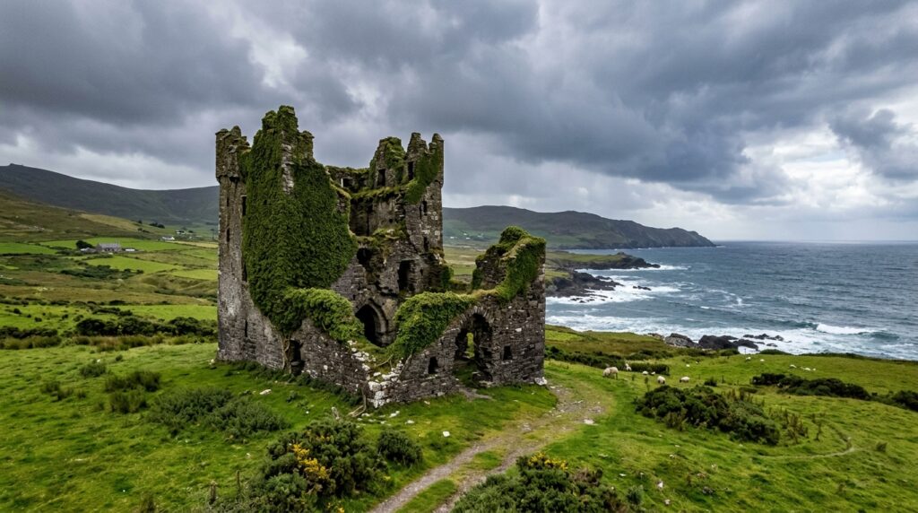 Ballycarbery Castle ivy-covered ruins near Cahersiveen, ancient 15th-century tower house in County Kerry, Ireland