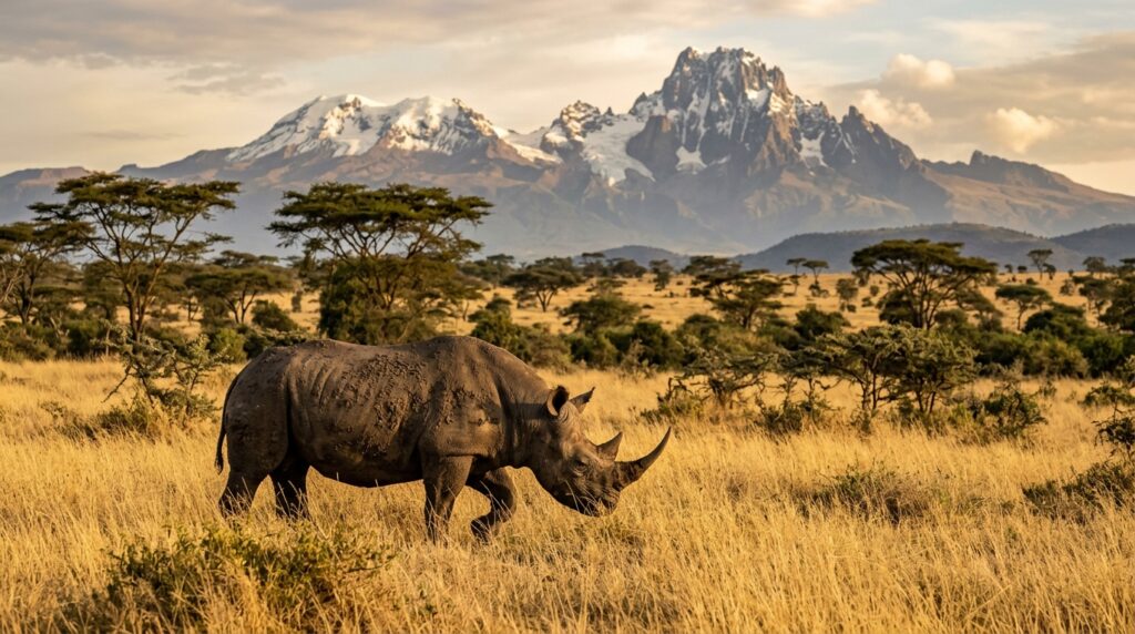 Black rhinoceros grazing on golden savanna grass at Ol Pejeta Conservancy