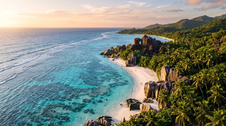Breathtaking aerial travel photograph of a Seychelles beach at golden hour