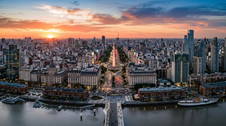 Buenos Aires skyline at sunset featuring the iconic Obelisco and European-inspired architecture