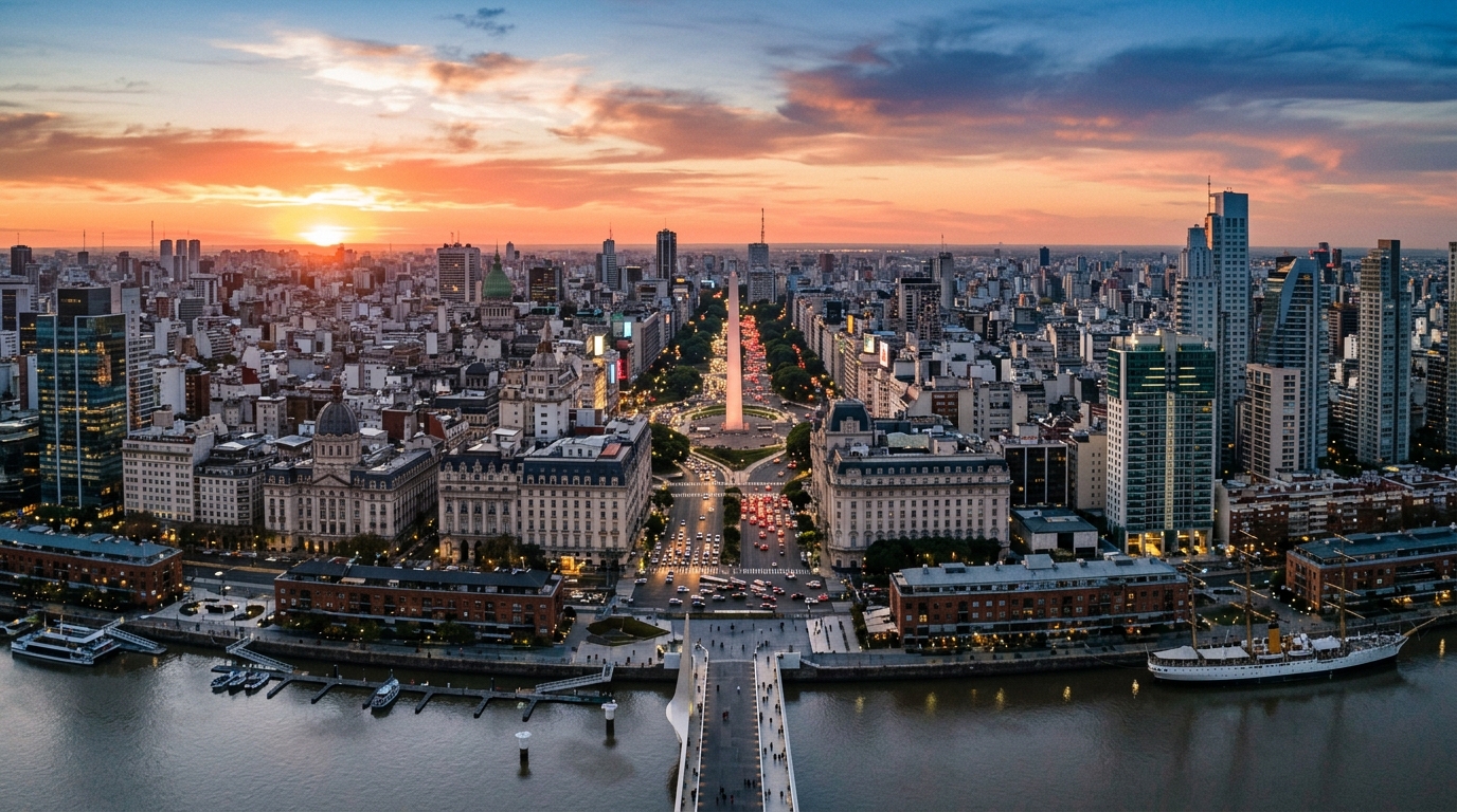 Buenos Aires skyline at sunset featuring the iconic Obelisco and European-inspired architecture