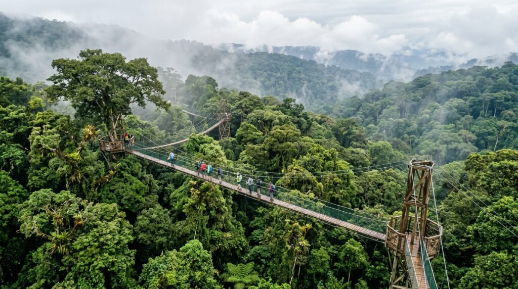 Canopy walkway suspended high above Nyungwe Forest Rwanda