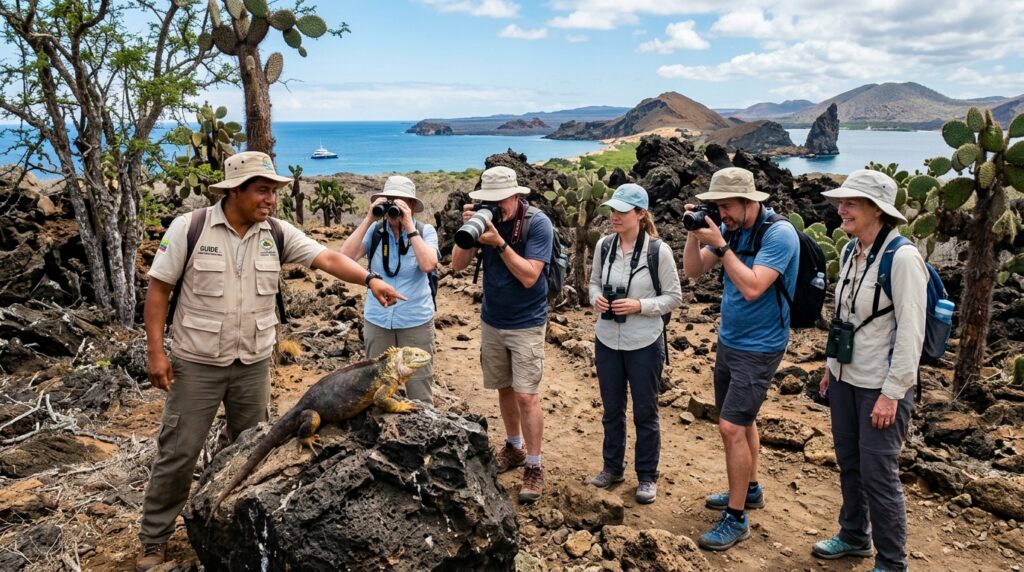 Certified naturalist guide educating tourists about Galapagos wildlife and conservation during island tour